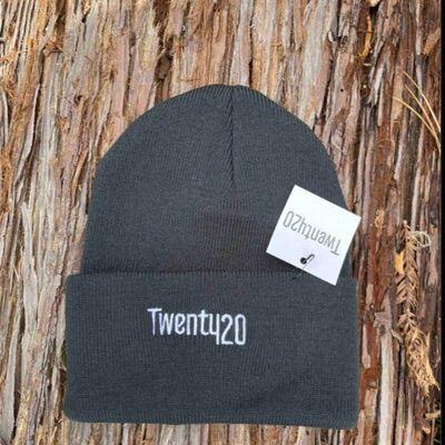 A gray beanie with the word twenty20 on it.